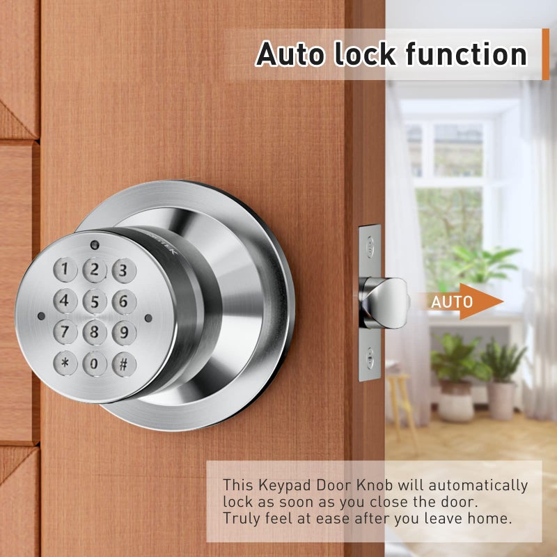 Signstek Keyless Entry Door Lock, Door Knob with Keypad, Smart Code Door Lock, Mute Mode, Passage Function, Easy to Install, Satin Nickel - Image 3